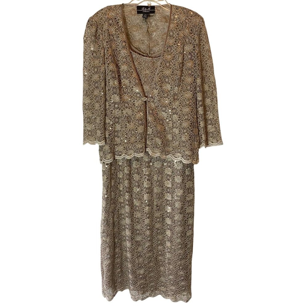 R & M Richards Beige Sequin Lace Dress & Jacket Set Size 6